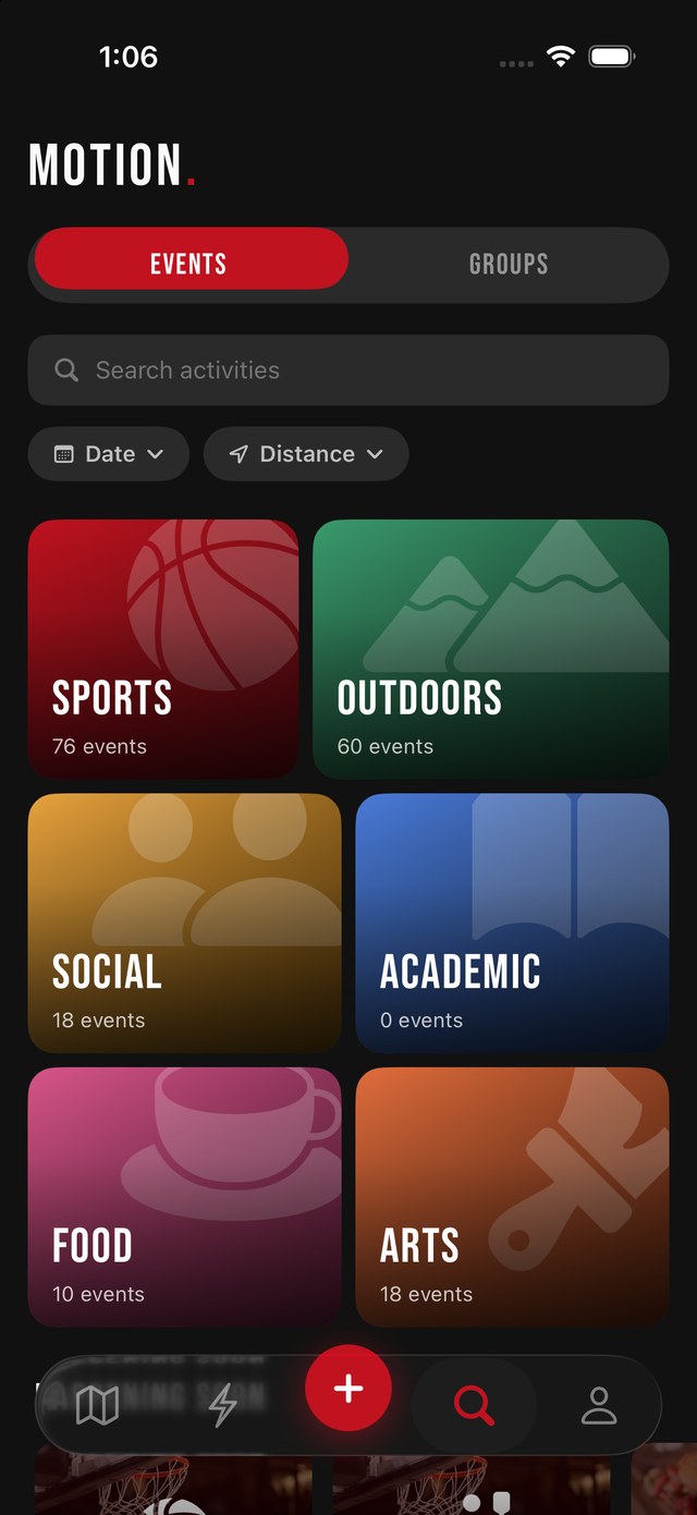 The search tab with search, date and distance filters, and category tiles
