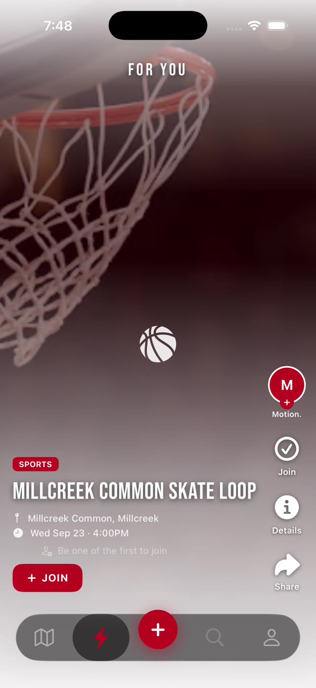 The For You feed showing one event full screen