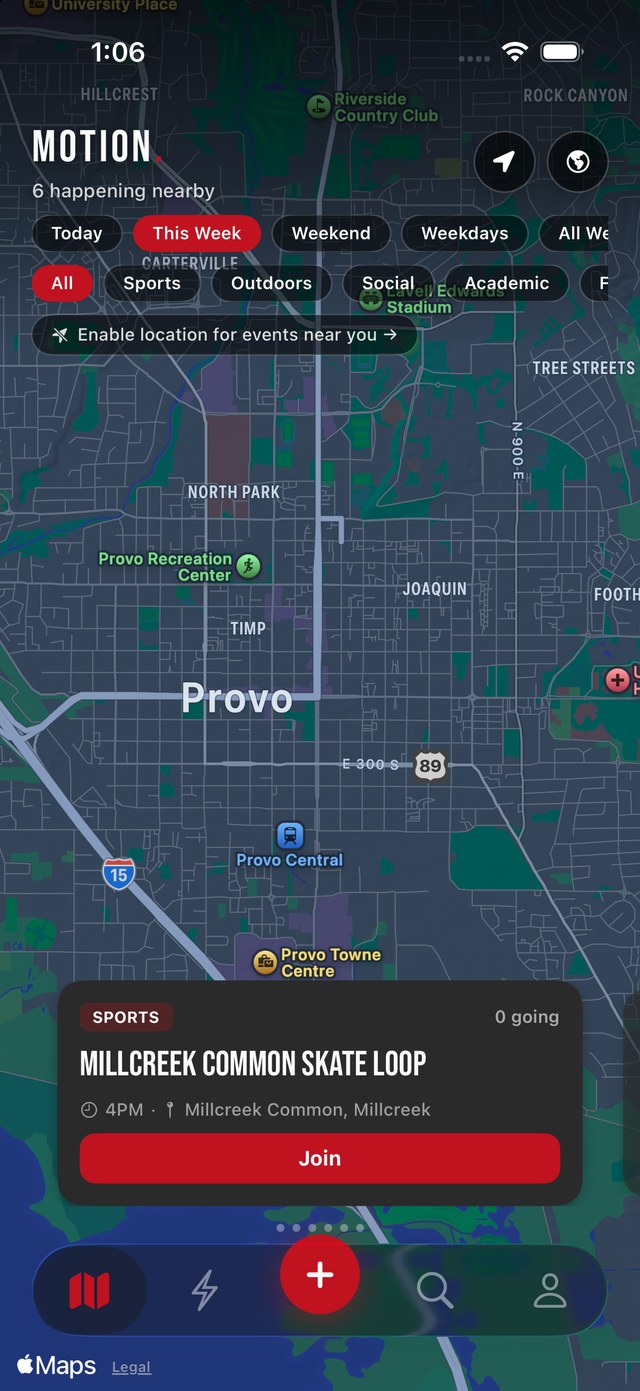 The Motion map in Provo with an event card open