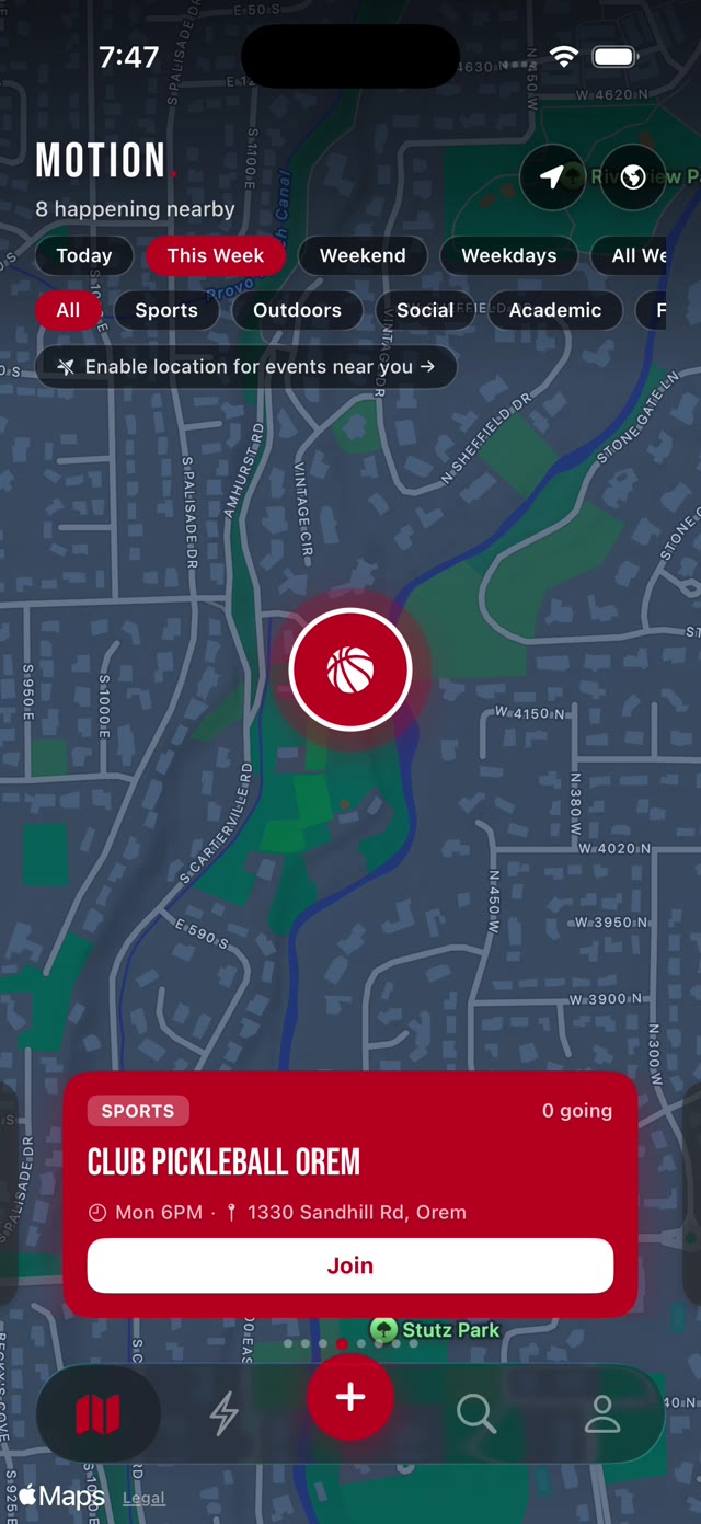 A selected pin on the Motion map with its event card