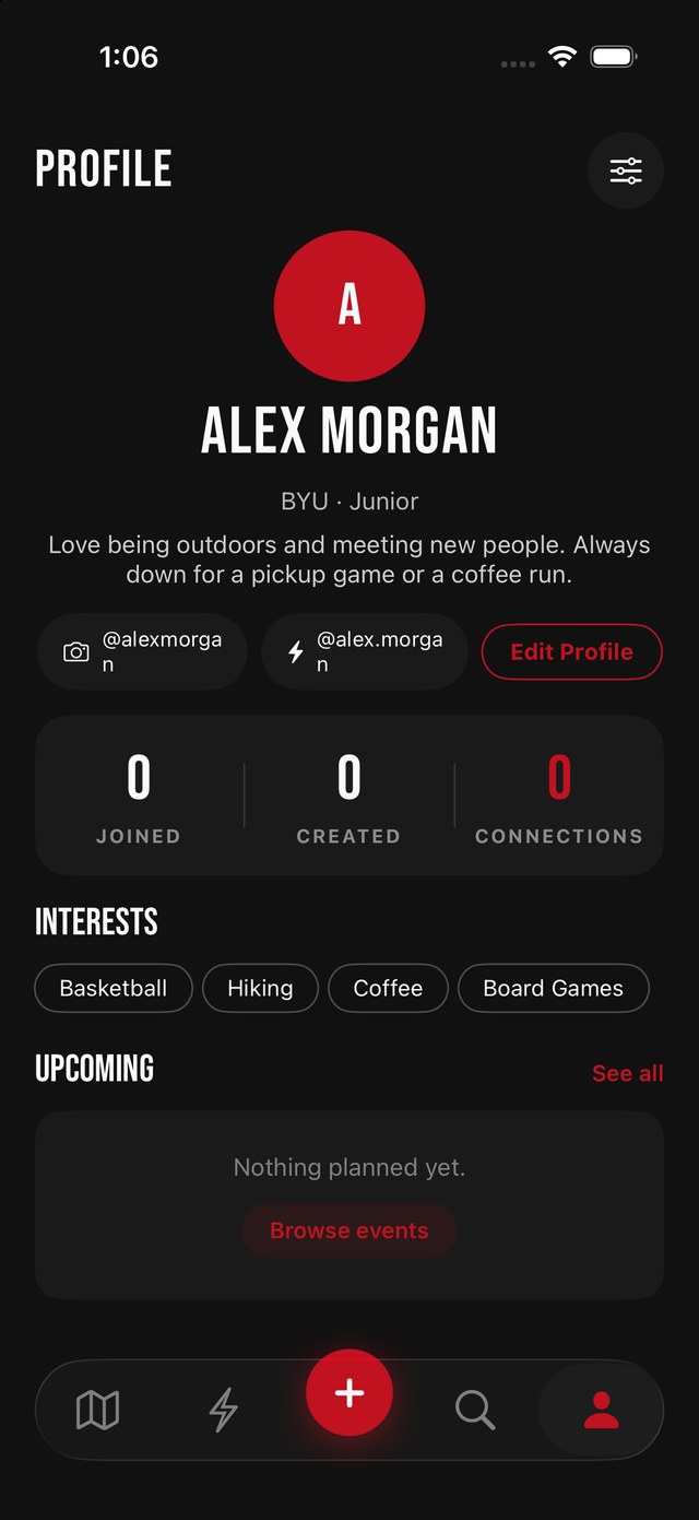 A Motion profile with interests, stats and handles
